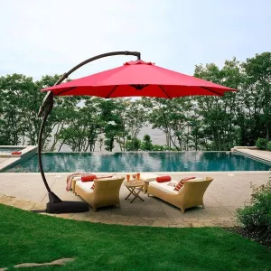 Red Outdoor Patio Umbrella Curved Cantilever 11ft Fade-Resistant Rust-Resistant Crank Handle to Open/close Adjustable Opening Angle Within 90 Degrees | All Season Octagonal Shape Air Vent Stylish