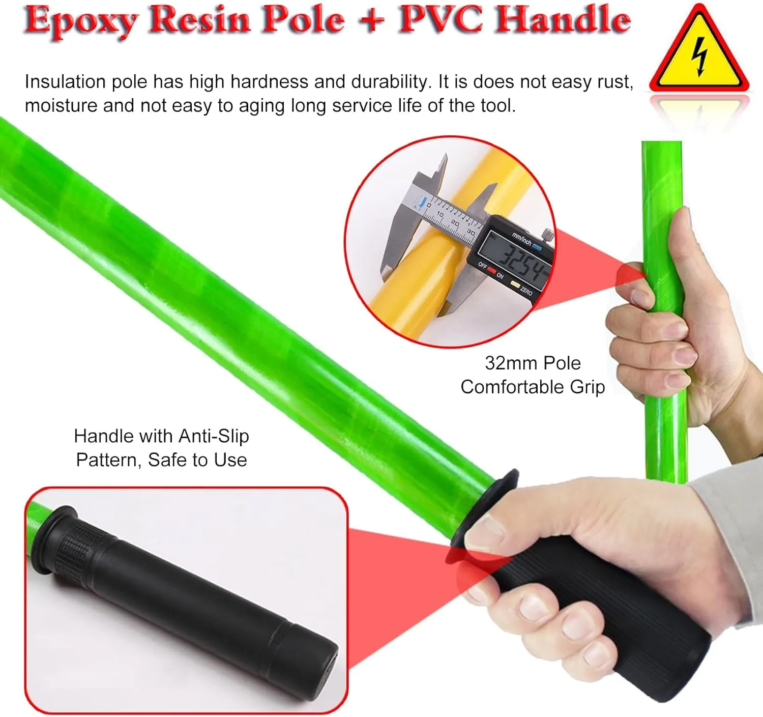 Rescue Hook Saftey Tool Green Safety Rescue Hook 10ft 6.6ft 5ft 3.3ft, High Voltage Anti Electric Shock Life-Saving Insulated Pole for Fire Electrician, with Anti Slip Handle & Carrying Bag(1.5m/4.9ft