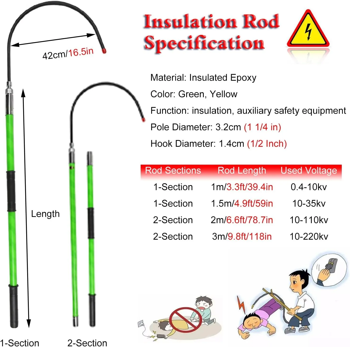 Rescue Hook Saftey Tool Green Safety Rescue Hook 10ft 6.6ft 5ft 3.3ft, High Voltage Anti Electric Shock Life-Saving Insulated Pole for Fire Electrician, with Anti Slip Handle & Carrying Bag(1.5m/4.9ft