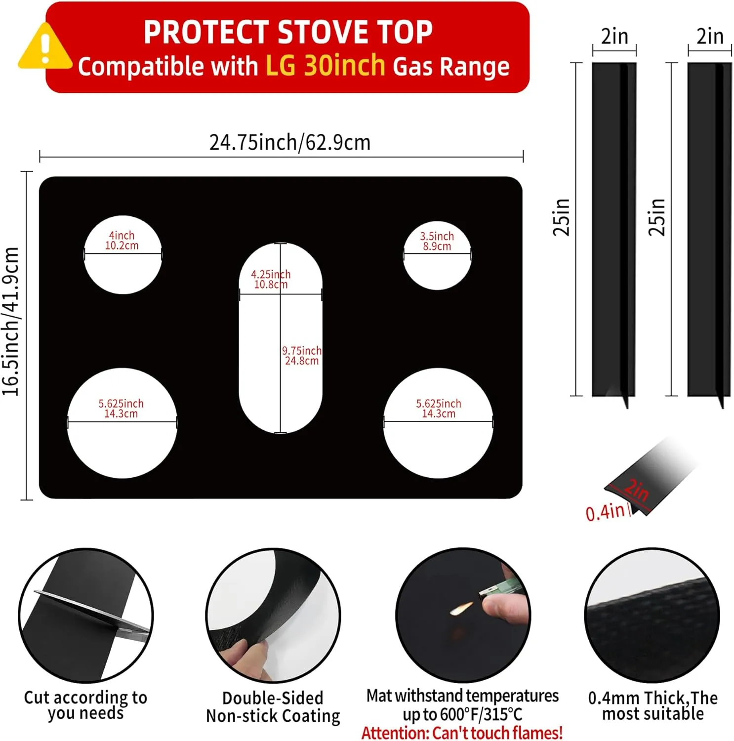 Reusable Stove Burner Top Cover for LG Gas Range, Model LGLDG4315 LRG4115 LRG4113 LDG4313, Non-Stick Washable Stove Top Cover Mat Protector, Gap Filler for Range Side Guard