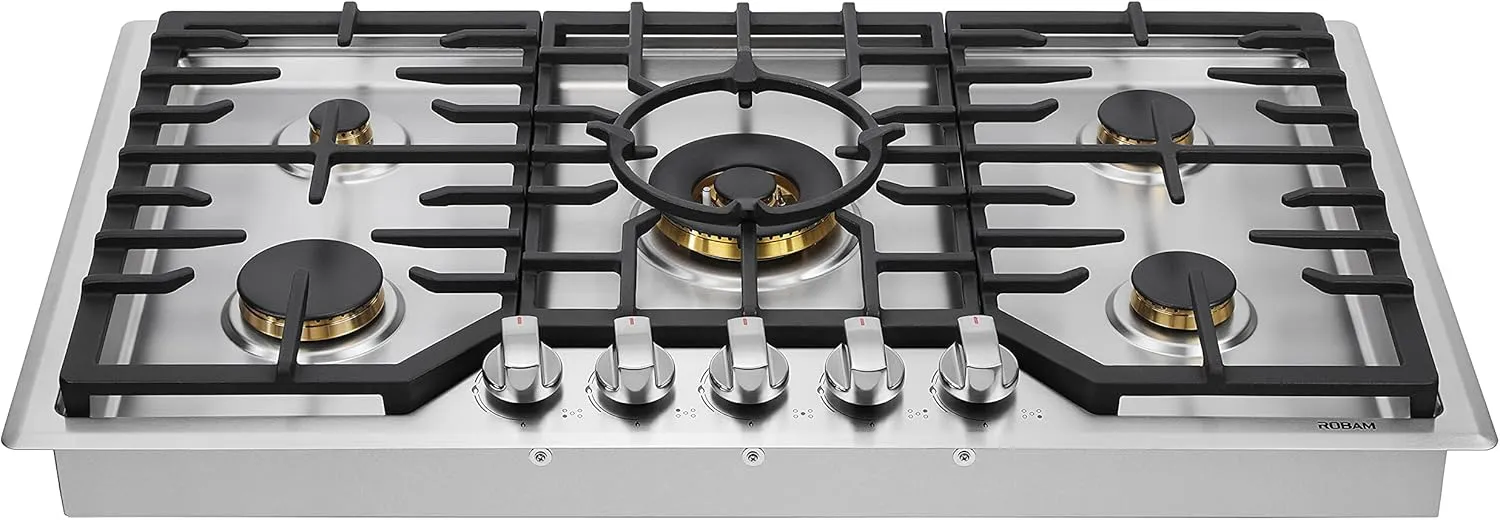 ROBAM G515 36” Gas Cooktop Stove with 5 Italian-Made DEFENDI Burners (Pure Copper) | 20,000 BTU w/Flame Failure System, Matte Cast Iron Grates (Including Wok Grate) | Natural Gas Or LPG