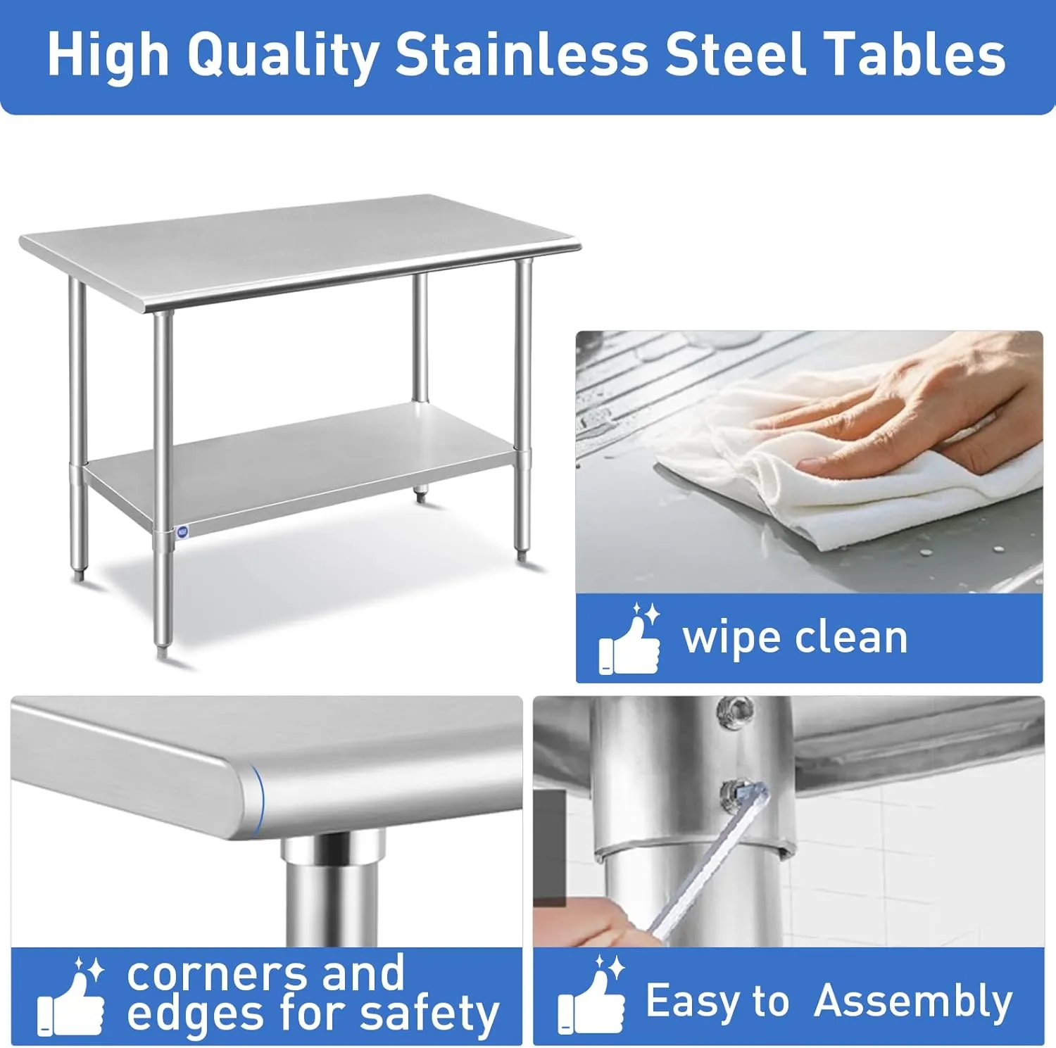 ROCKPOINT Stainless Steel Table for Prep & Work 24x60 Inches, NSF Metal Commercial Kitchen Heavy Duty Table with Adjustable Under Shelf and Table Foot for Restaurant, Home and Hotel