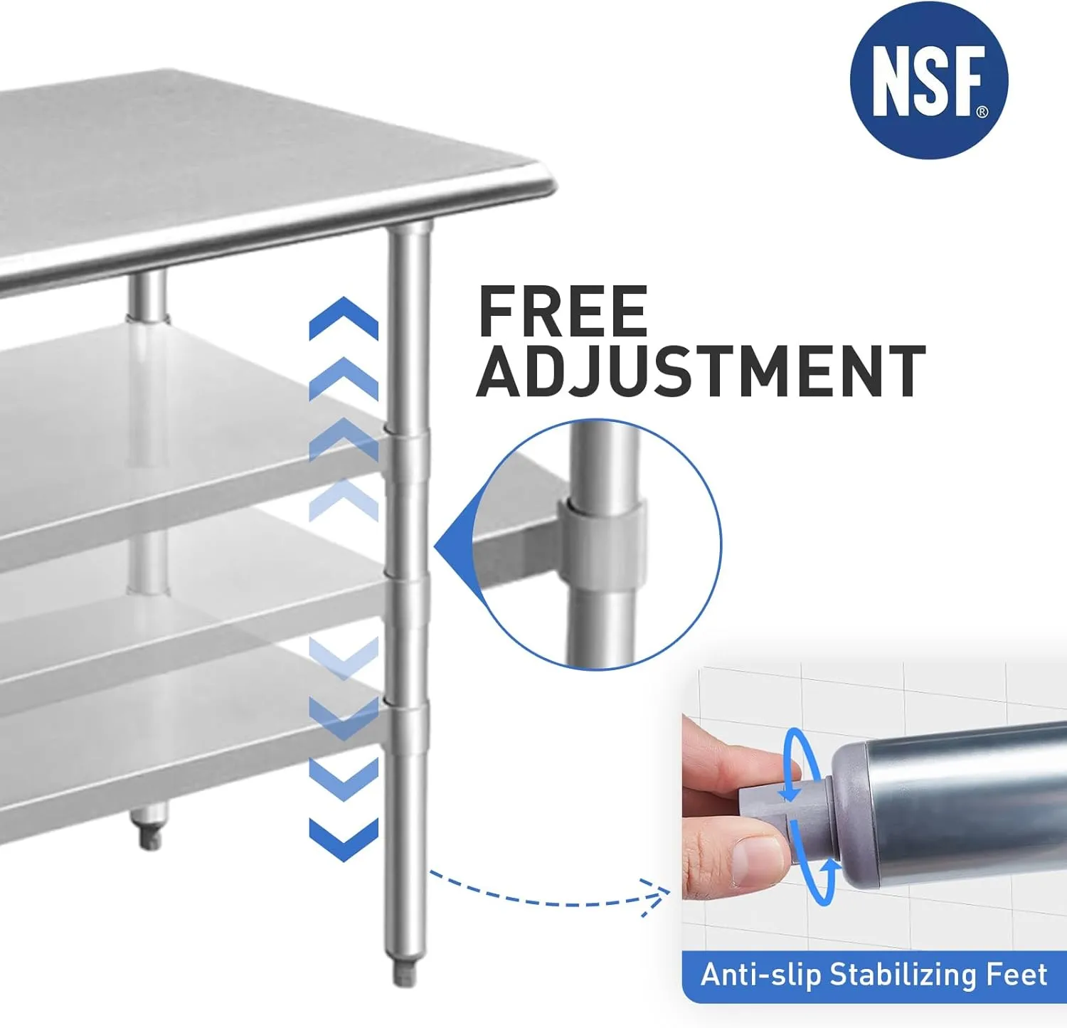 ROCKPOINT Stainless Steel Table for Prep & Work 24x60 Inches, NSF Metal Commercial Kitchen Heavy Duty Table with Adjustable Under Shelf and Table Foot for Restaurant, Home and Hotel