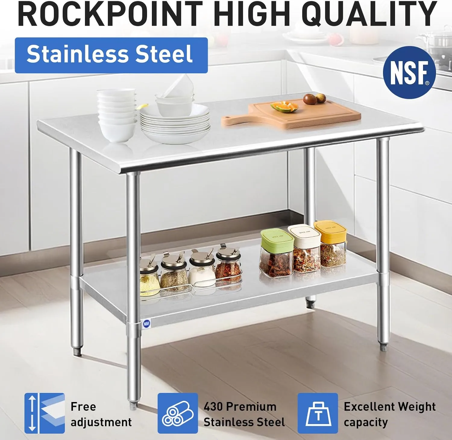 ROCKPOINT Stainless Steel Table for Prep & Work 24x60 Inches, NSF Metal Commercial Kitchen Heavy Duty Table with Adjustable Under Shelf and Table Foot for Restaurant, Home and Hotel