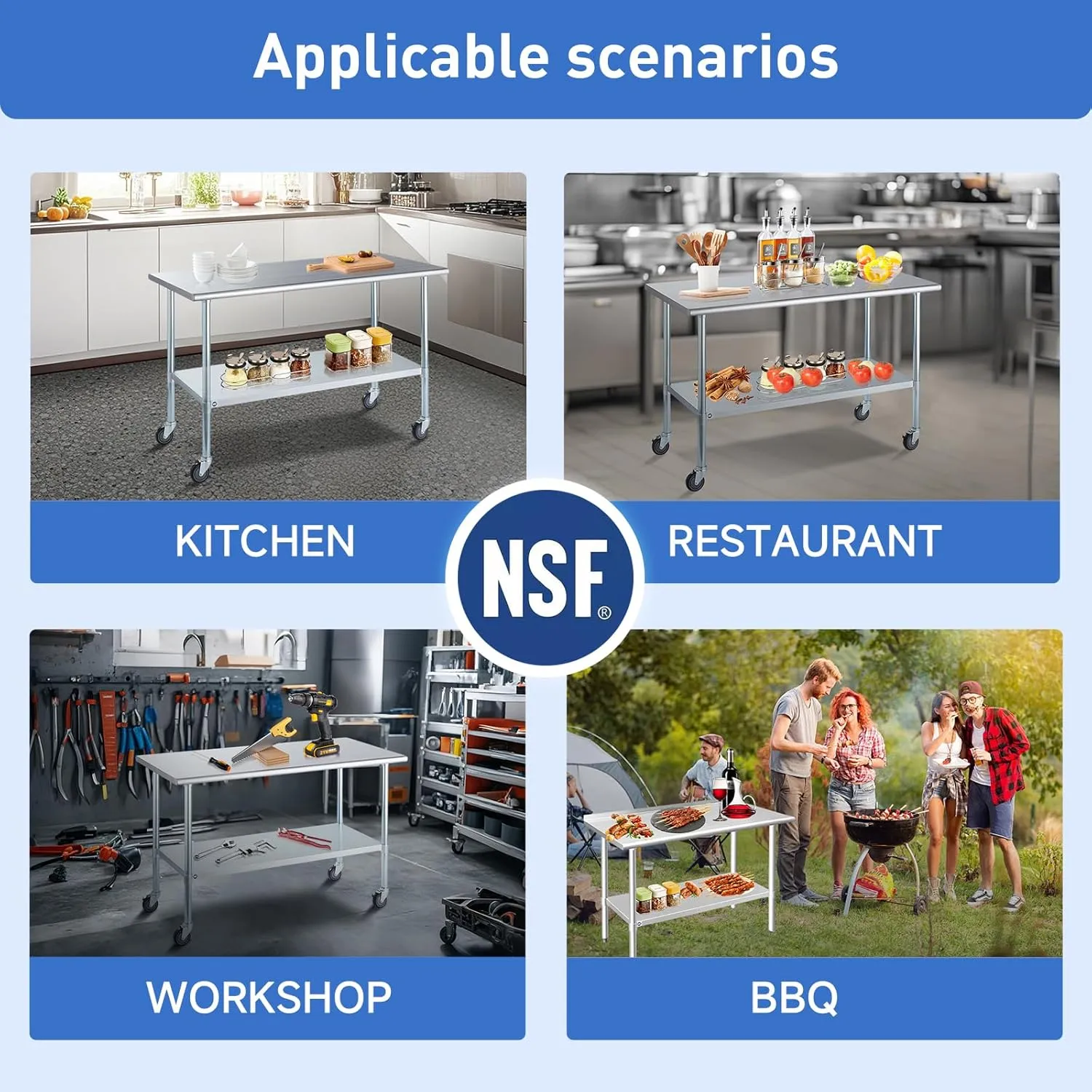 ROCKPOINT Stainless Steel Table for Prep & Work 24x60 Inches, NSF Metal Commercial Kitchen Heavy Duty Table with Adjustable Under Shelf and Table Foot for Restaurant, Home and Hotel
