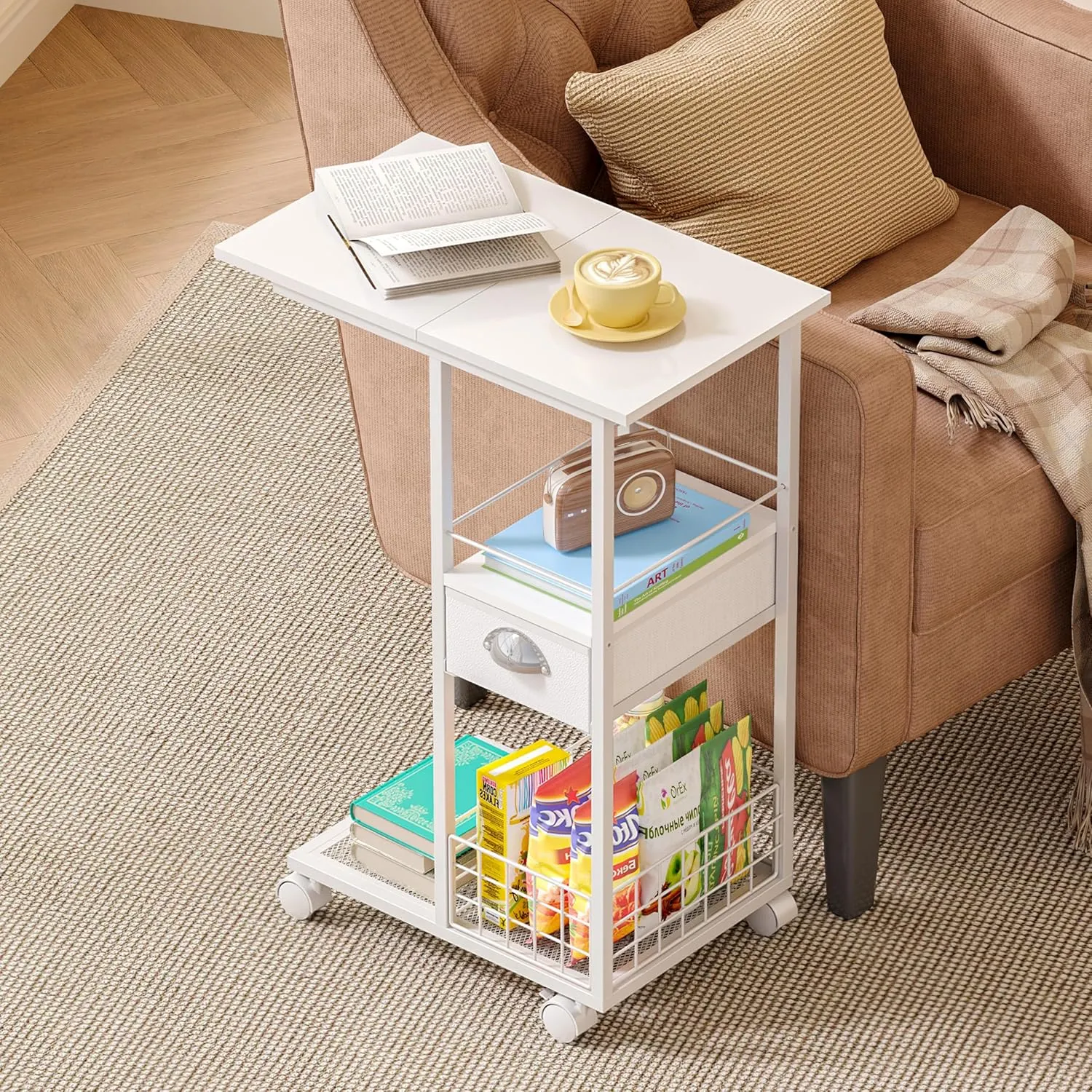 Rolling Side Table with Storage, White Bedside Table with Wheels, Accent C Table for Sofa, Portable Desk on Wheels, Modern Night Stand, Overbed Table for Bedroom, C Shaped End Tables Living Room, Dorm