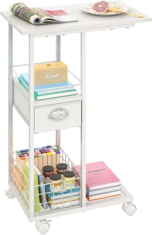 Rolling Side Table with Storage, White Bedside Table with Wheels, Accent C Table for Sofa, Portable Desk on Wheels, Modern Night Stand, Overbed Table for Bedroom, C Shaped End Tables Living Room, Dorm