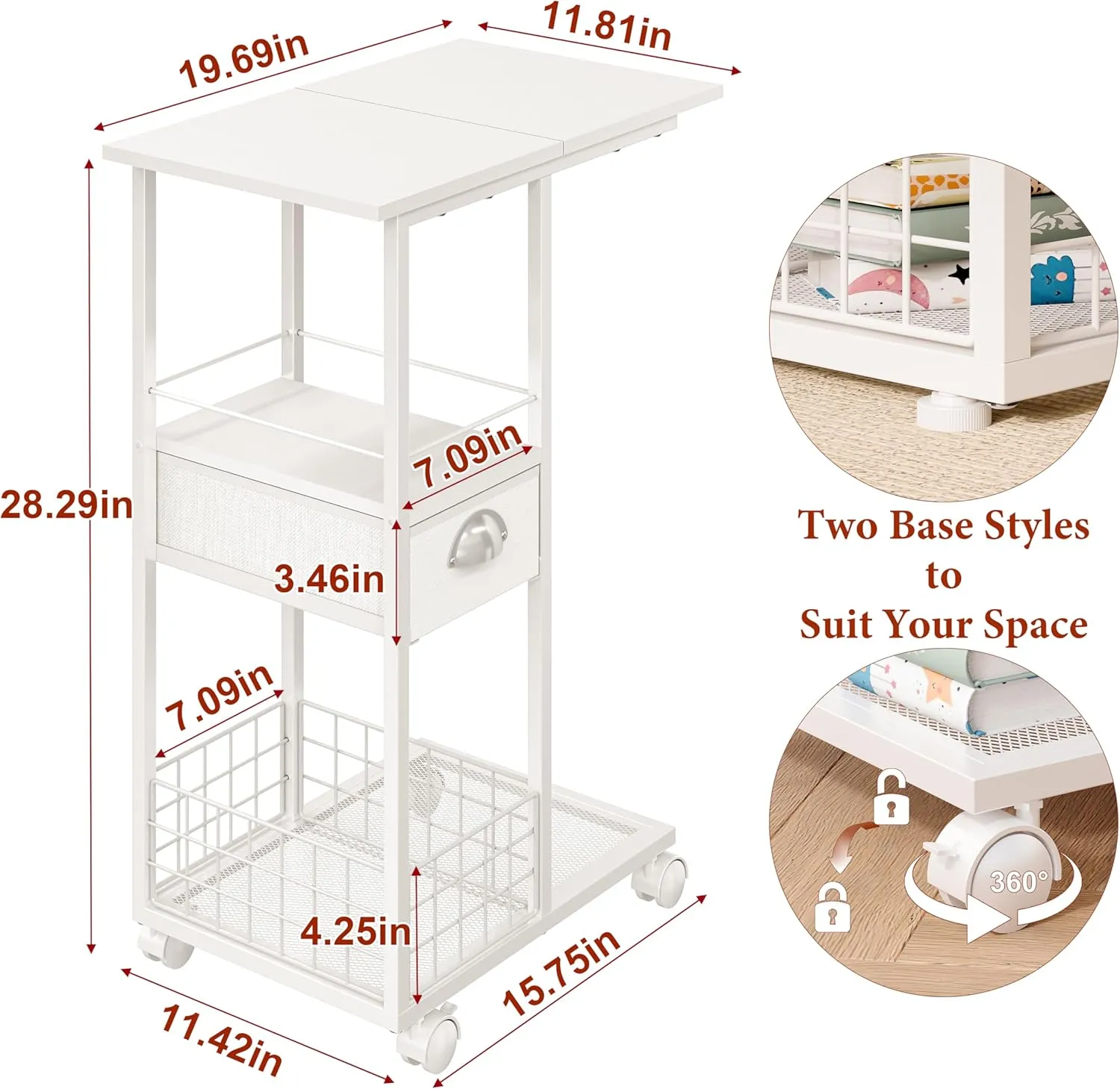 Rolling Side Table with Storage, White Bedside Table with Wheels, Accent C Table for Sofa, Portable Desk on Wheels, Modern Night Stand, Overbed Table for Bedroom, C Shaped End Tables Living Room, Dorm