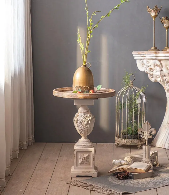 Roman Style Retro White Round Tea Table - Adjustable Wood & MgO Accent Table