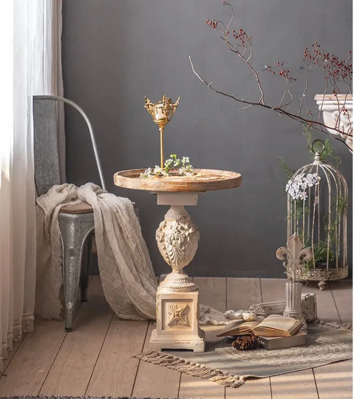Roman Style Retro White Round Tea Table - Adjustable Wood & MgO Accent Table
