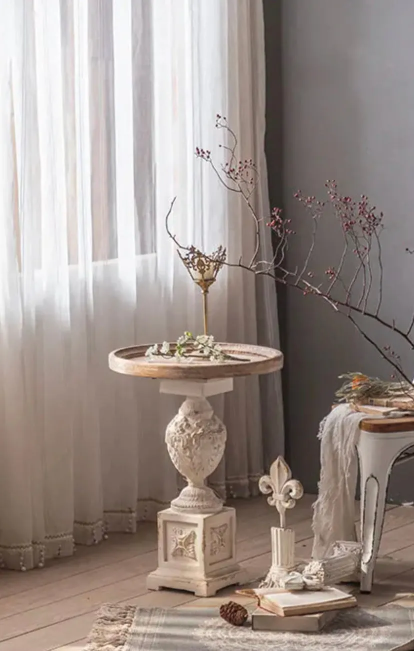 Roman Style Retro White Round Tea Table - Adjustable Wood & MgO Accent Table