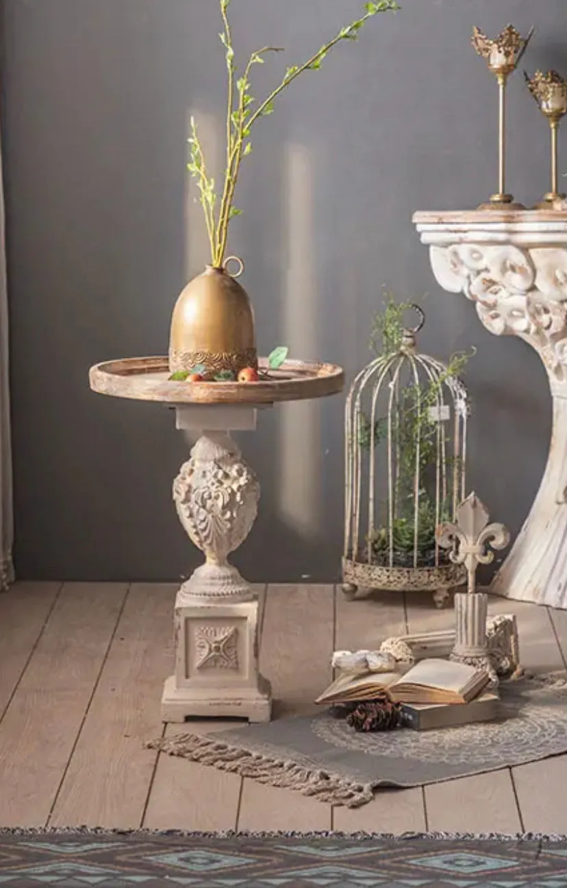 Roman Style Retro White Round Tea Table - Adjustable Wood & MgO Accent Table
