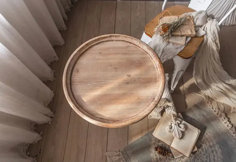 Roman Style Retro White Round Tea Table - Adjustable Wood & MgO Accent Table