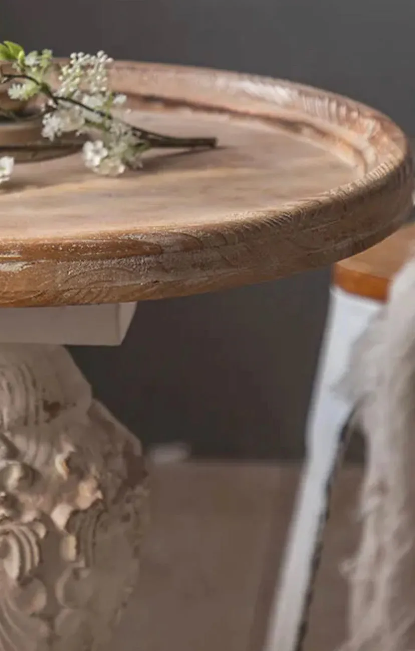 Roman Style Retro White Round Tea Table - Adjustable Wood & MgO Accent Table
