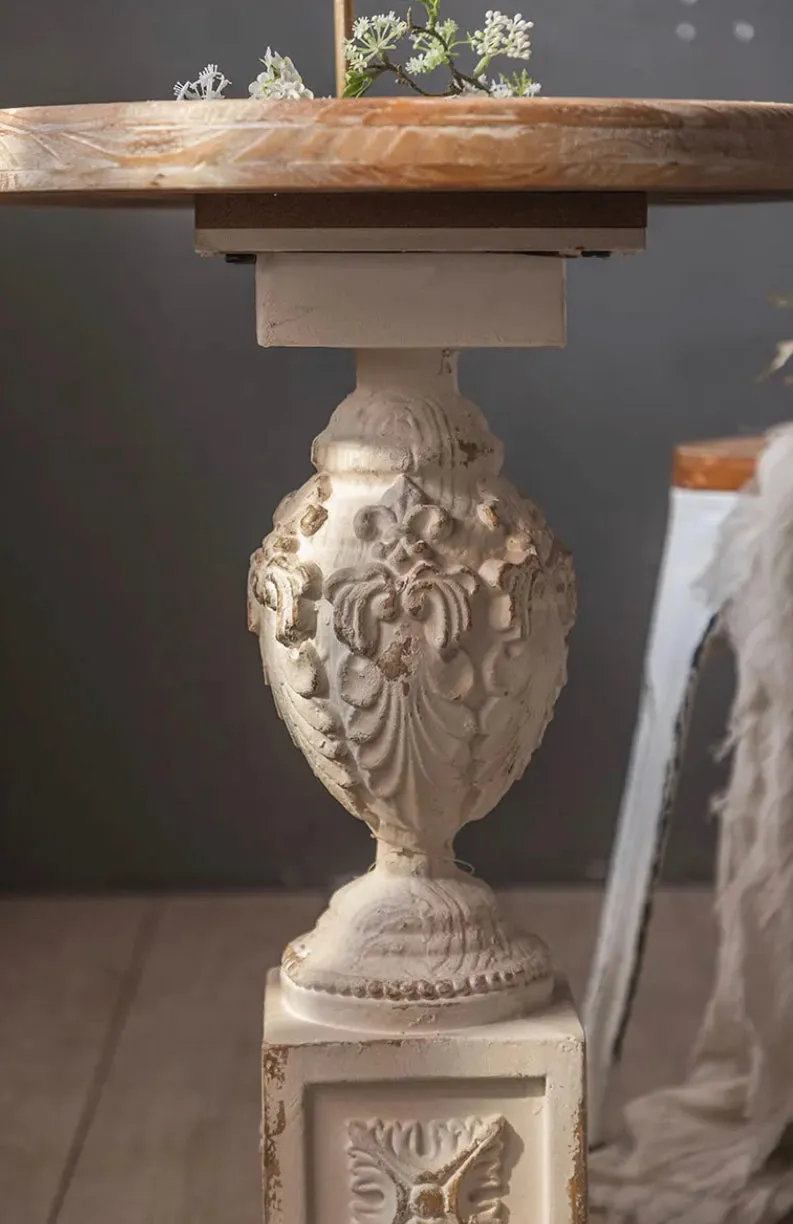 Roman Style Retro White Round Tea Table - Adjustable Wood & MgO Accent Table