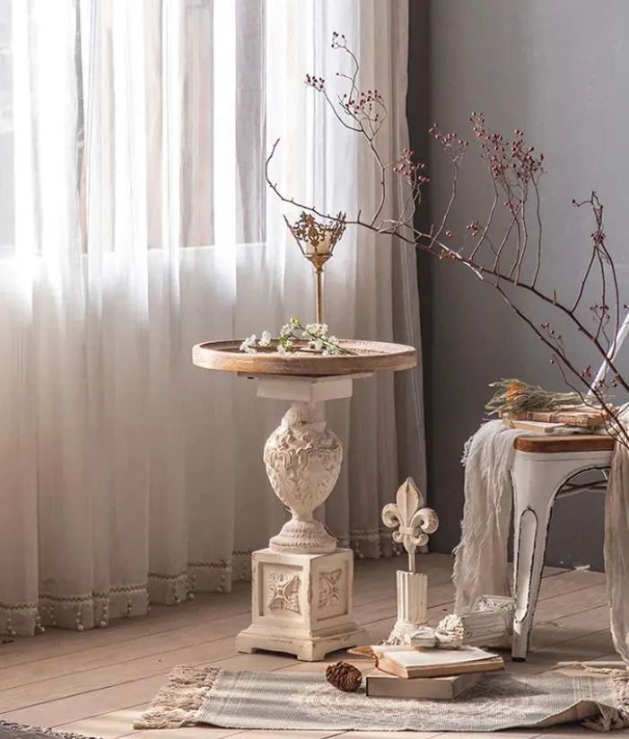 Roman Style Retro White Round Tea Table - Adjustable Wood & MgO Accent Table