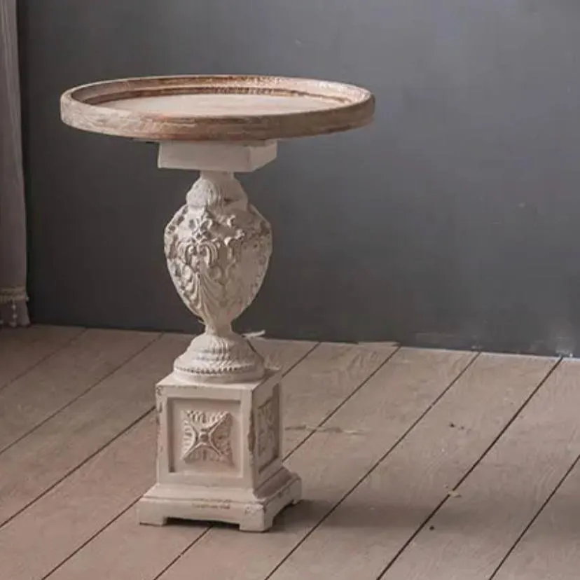 Roman Style Retro White Round Tea Table - Adjustable Wood & MgO Accent Table