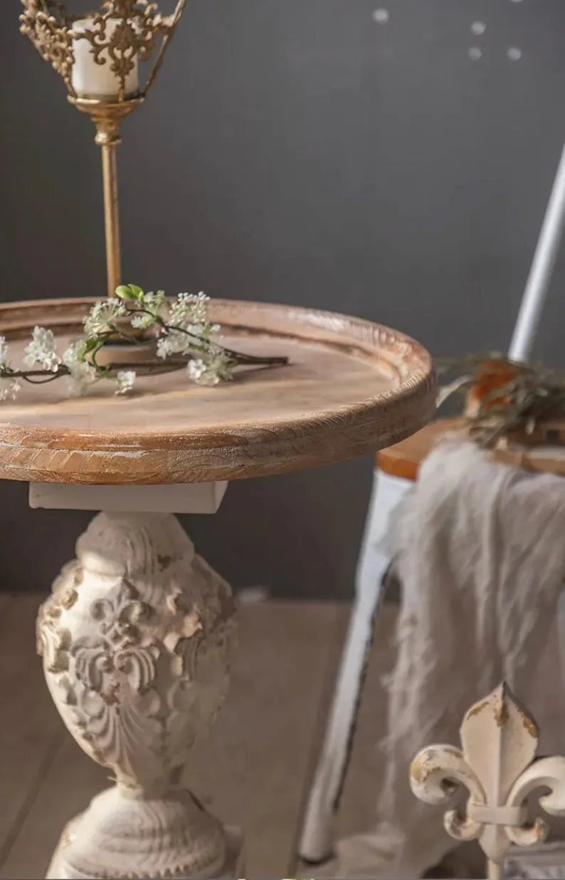 Roman Style Retro White Round Tea Table - Adjustable Wood & MgO Accent Table