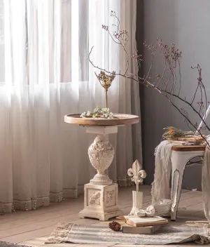 Roman Style Retro White Round Tea Table - Adjustable Wood & MgO Accent Table