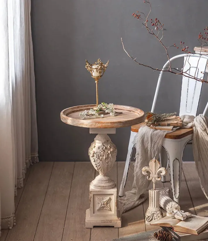 Roman Style Retro White Round Tea Table - Adjustable Wood & MgO Accent Table