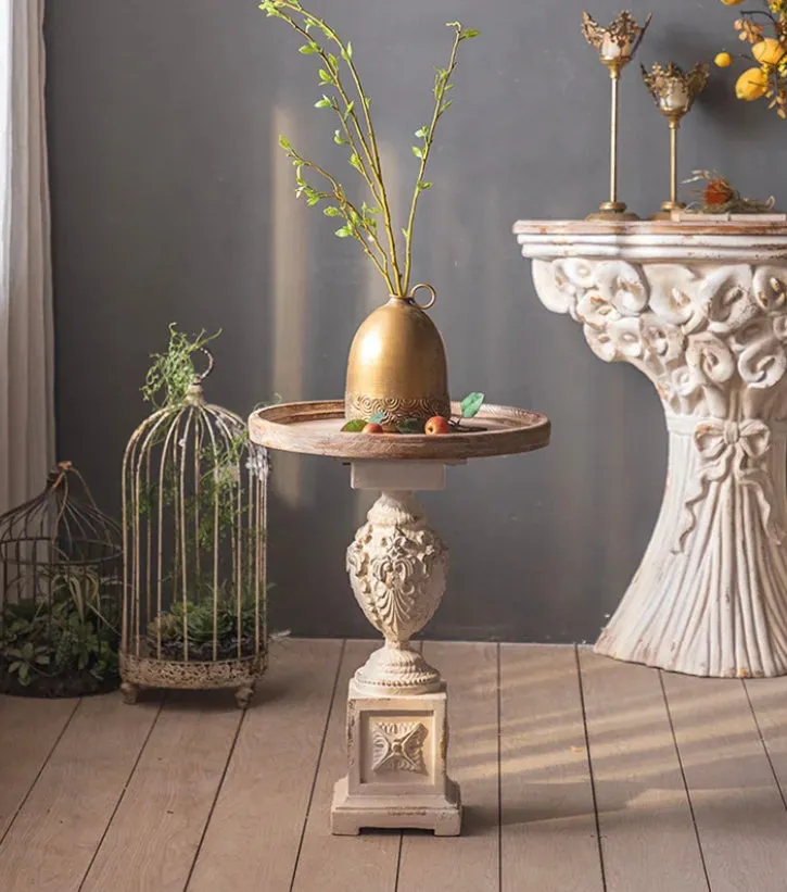 Roman Style Retro White Round Tea Table - Adjustable Wood & MgO Accent Table