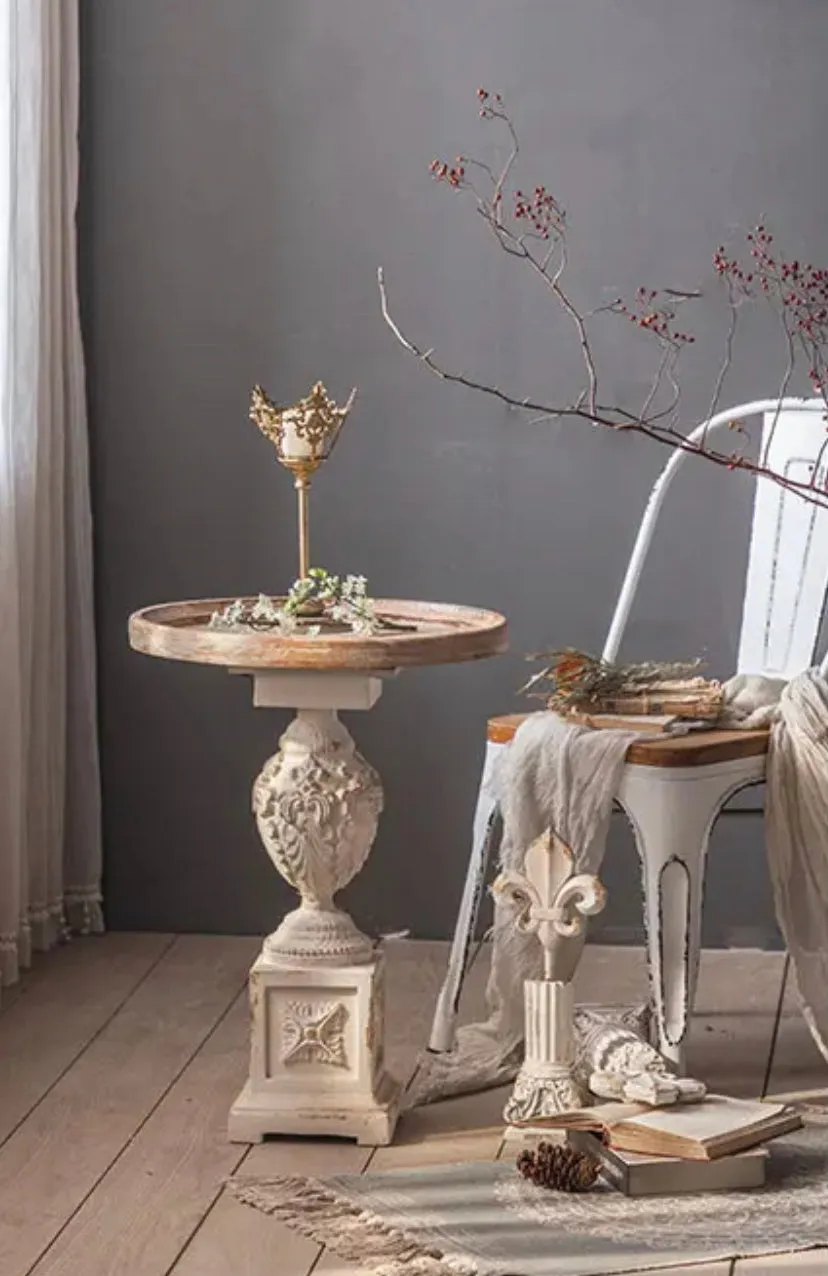 Roman Style Retro White Round Tea Table - Adjustable Wood & MgO Accent Table