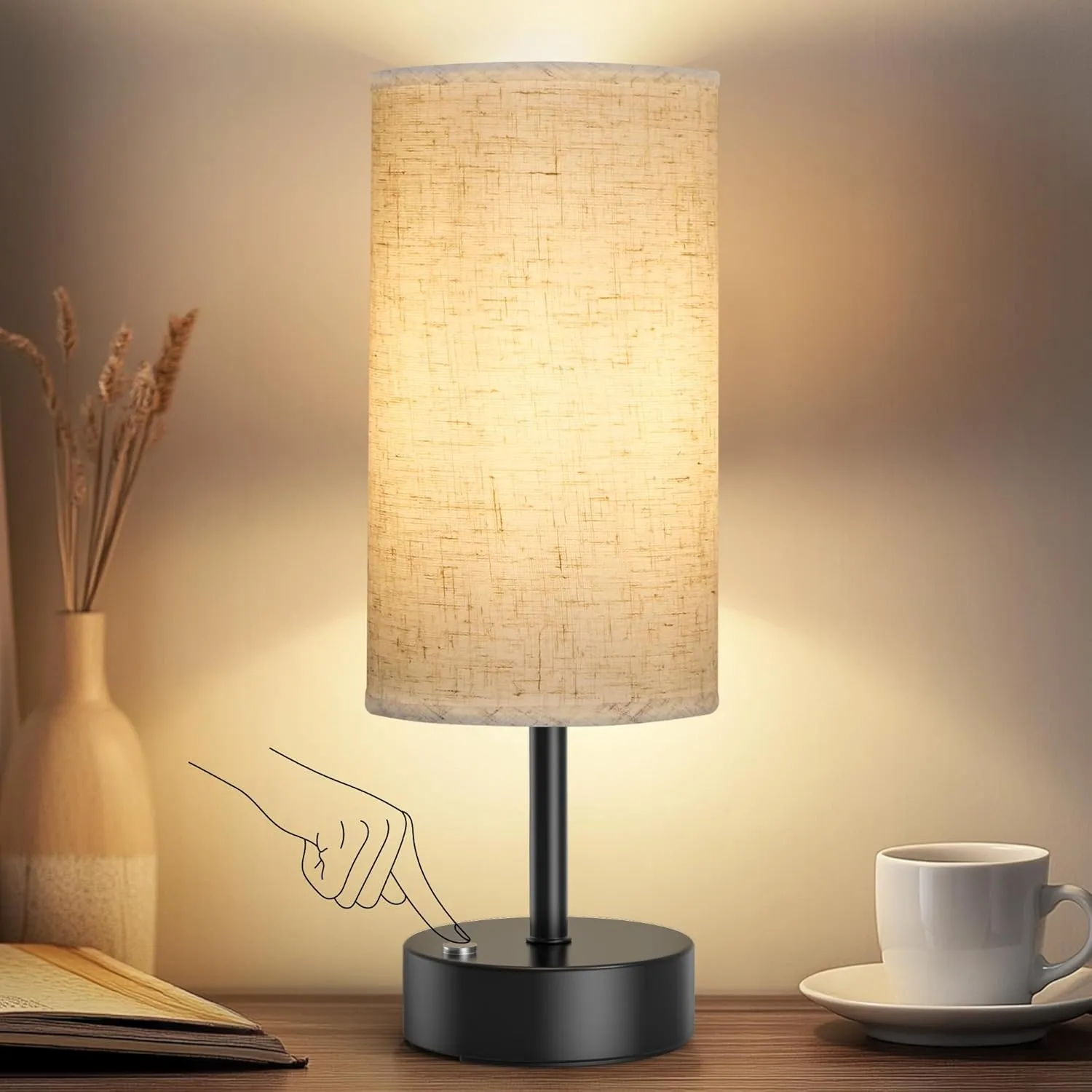 ROTTOGOON Cordless Table Lamp Touch Control Dimmable Small Bedside Table Lamps with Oatmeal Fabric Shade 5000mAh Rechargeable Battery Powered Desk Lamp for Bedroom,Home,Office,Dorm-Black