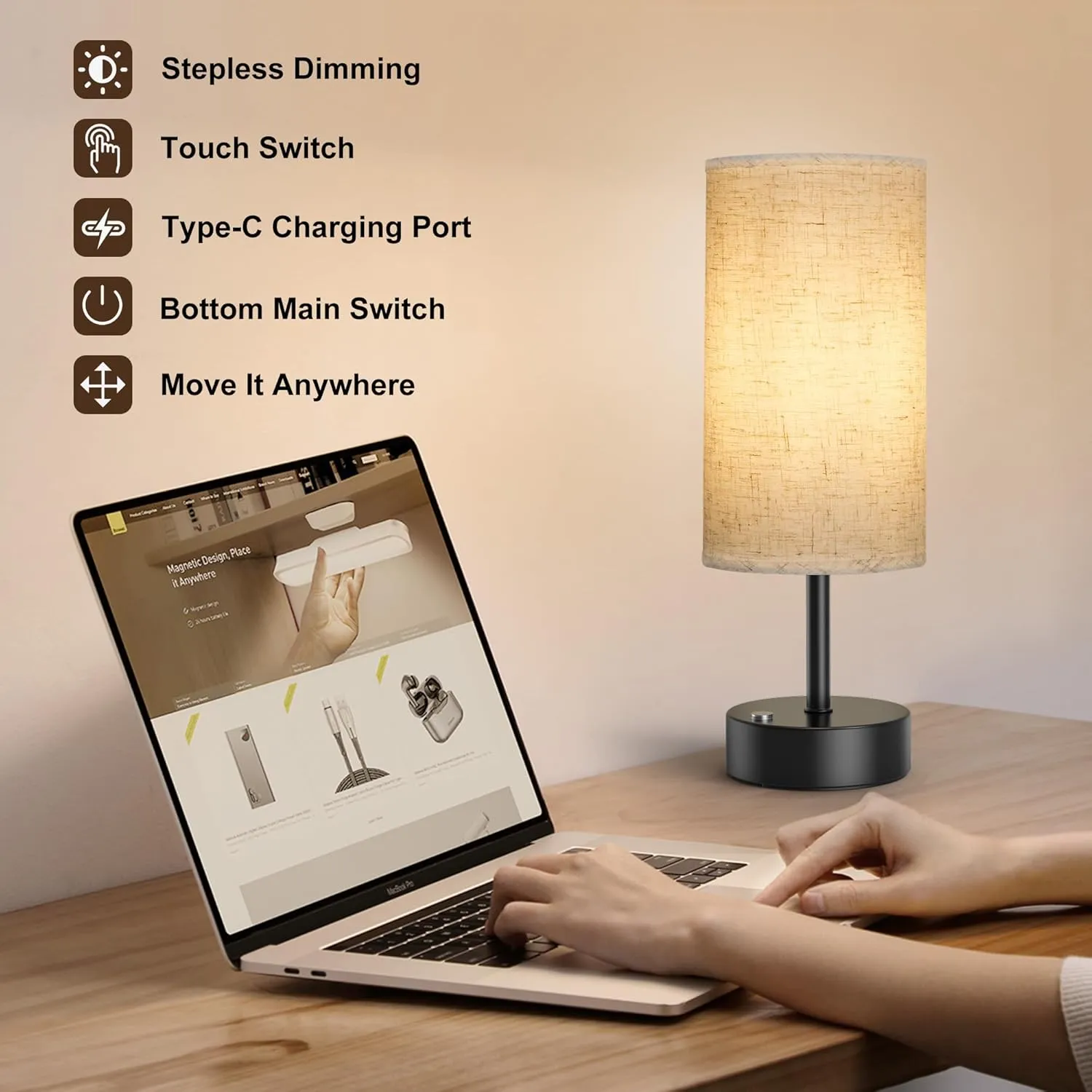 ROTTOGOON Cordless Table Lamp Touch Control Dimmable Small Bedside Table Lamps with Oatmeal Fabric Shade 5000mAh Rechargeable Battery Powered Desk Lamp for Bedroom,Home,Office,Dorm-Black