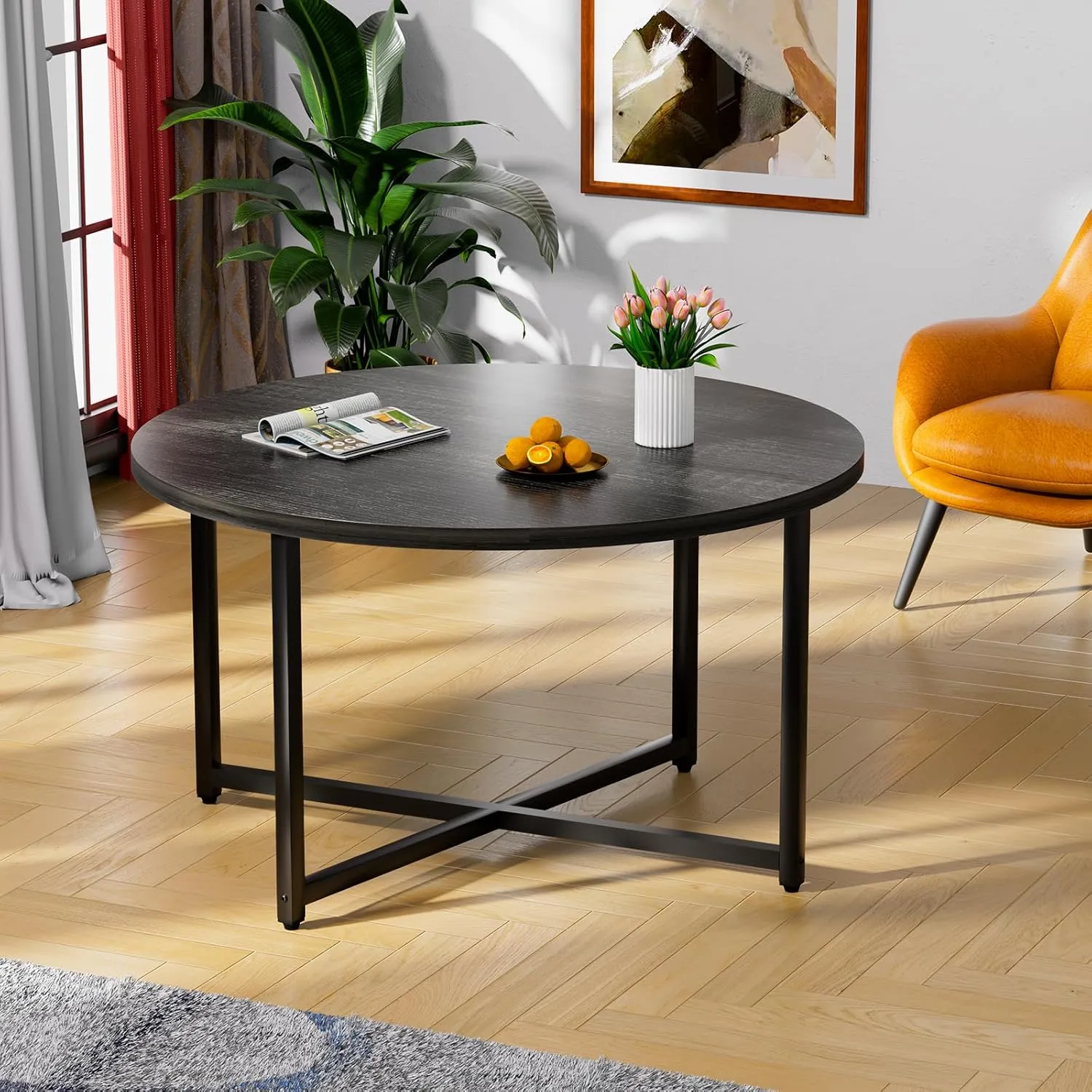 Round Coffee Table, 31.5" Circle Coffee Table，Roma Round Coffee Tables Living Room, Large Coffee Table Round for Indoor & Outdoor Use, Office, Patio or Garden, Large Gray(31.5" D x 17.7" H)