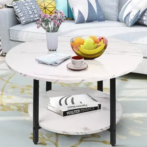 Round Coffee Table,2-Tier Living Room Table with Storage,27.6" Wood Circle Coffee Table with Metal Frame and Wood Desktop,Easy Assembly,White
