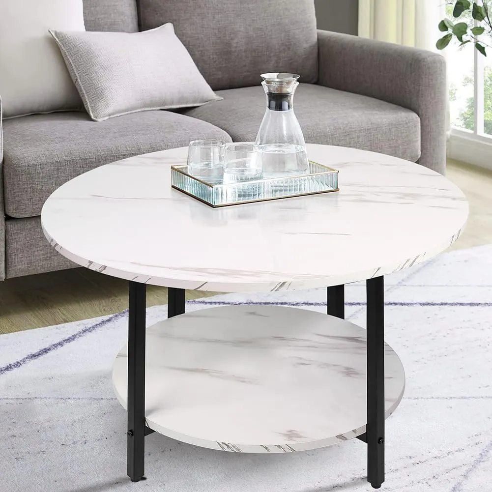 Round Coffee Table,2-Tier Living Room Table with Storage,27.6" Wood Circle Coffee Table with Metal Frame and Wood Desktop,Easy Assembly,White
