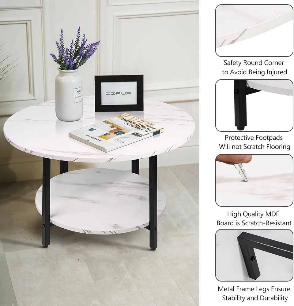 Round Coffee Table,2-Tier Living Room Table with Storage,27.6" Wood Circle Coffee Table with Metal Frame and Wood Desktop,Easy Assembly,White