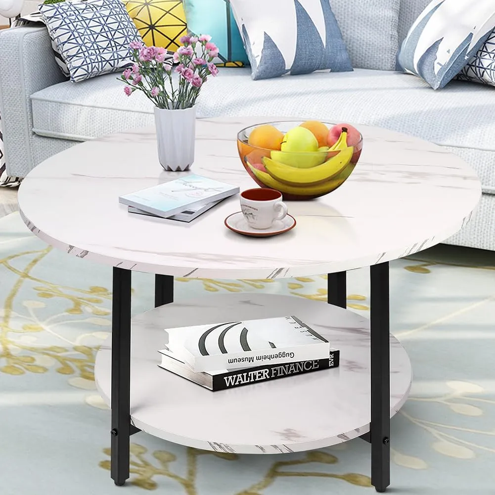 Round Coffee Table,2-Tier Living Room Table with Storage,27.6" Wood Circle Coffee Table with Metal Frame and Wood Desktop,Easy Assembly,White