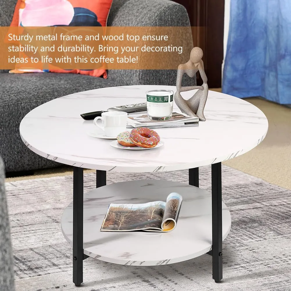 Round Coffee Table,2-Tier Living Room Table with Storage,27.6" Wood Circle Coffee Table with Metal Frame and Wood Desktop,Easy Assembly,White
