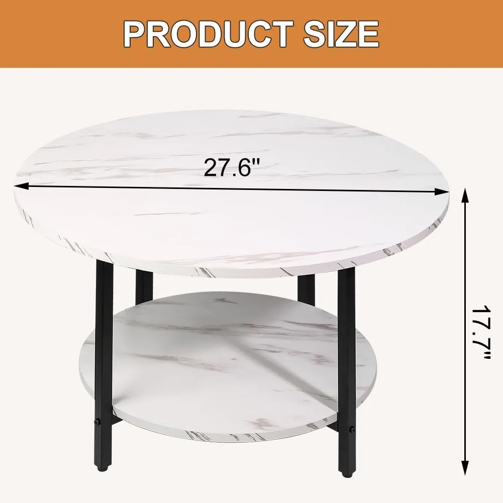 Round Coffee Table,2-Tier Living Room Table with Storage,27.6" Wood Circle Coffee Table with Metal Frame and Wood Desktop,Easy Assembly,White