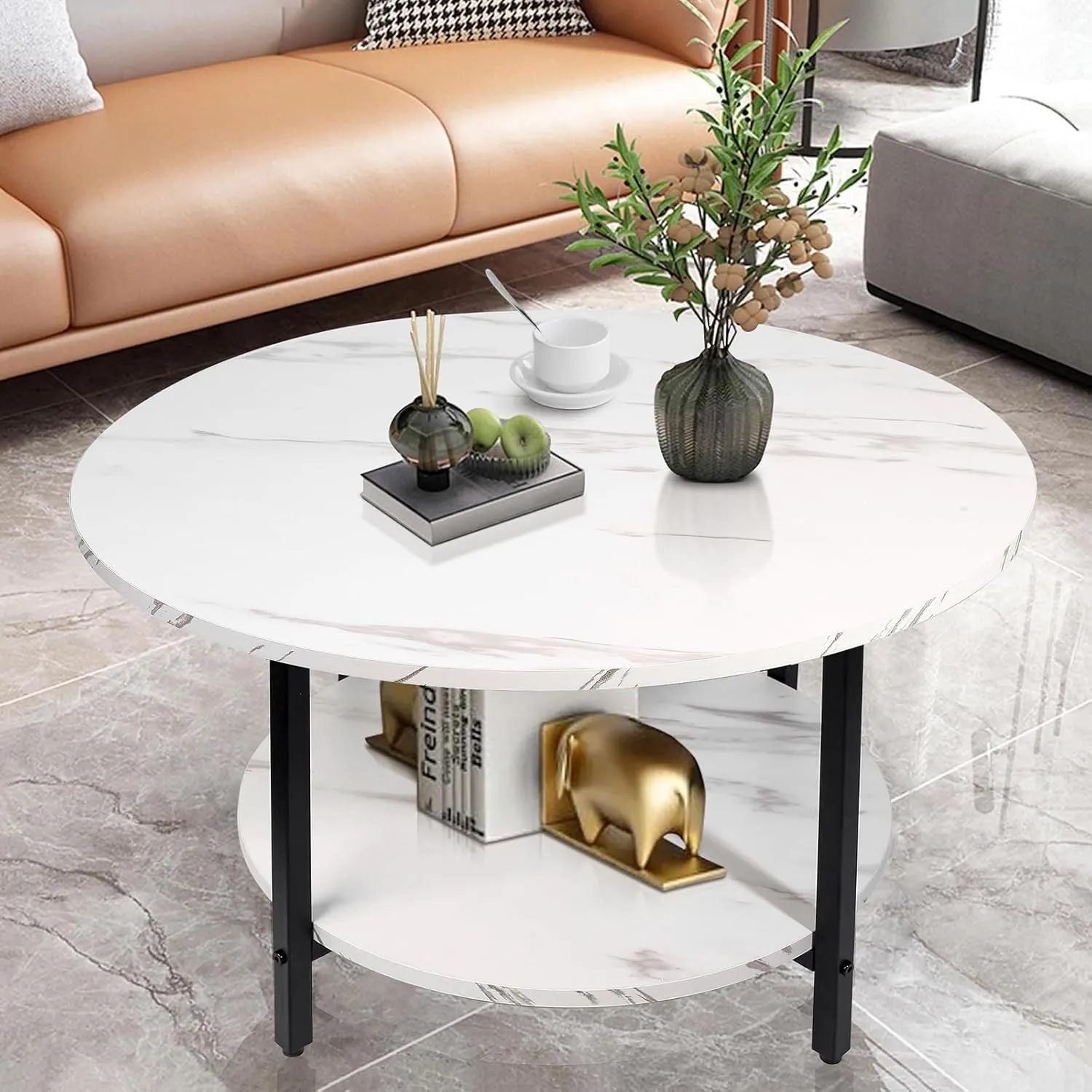 Round Coffee Table,2-Tier Living Room Table with Storage,27.6" Wood Circle Coffee Table with Metal Frame and Wood Desktop,Easy Assembly,White