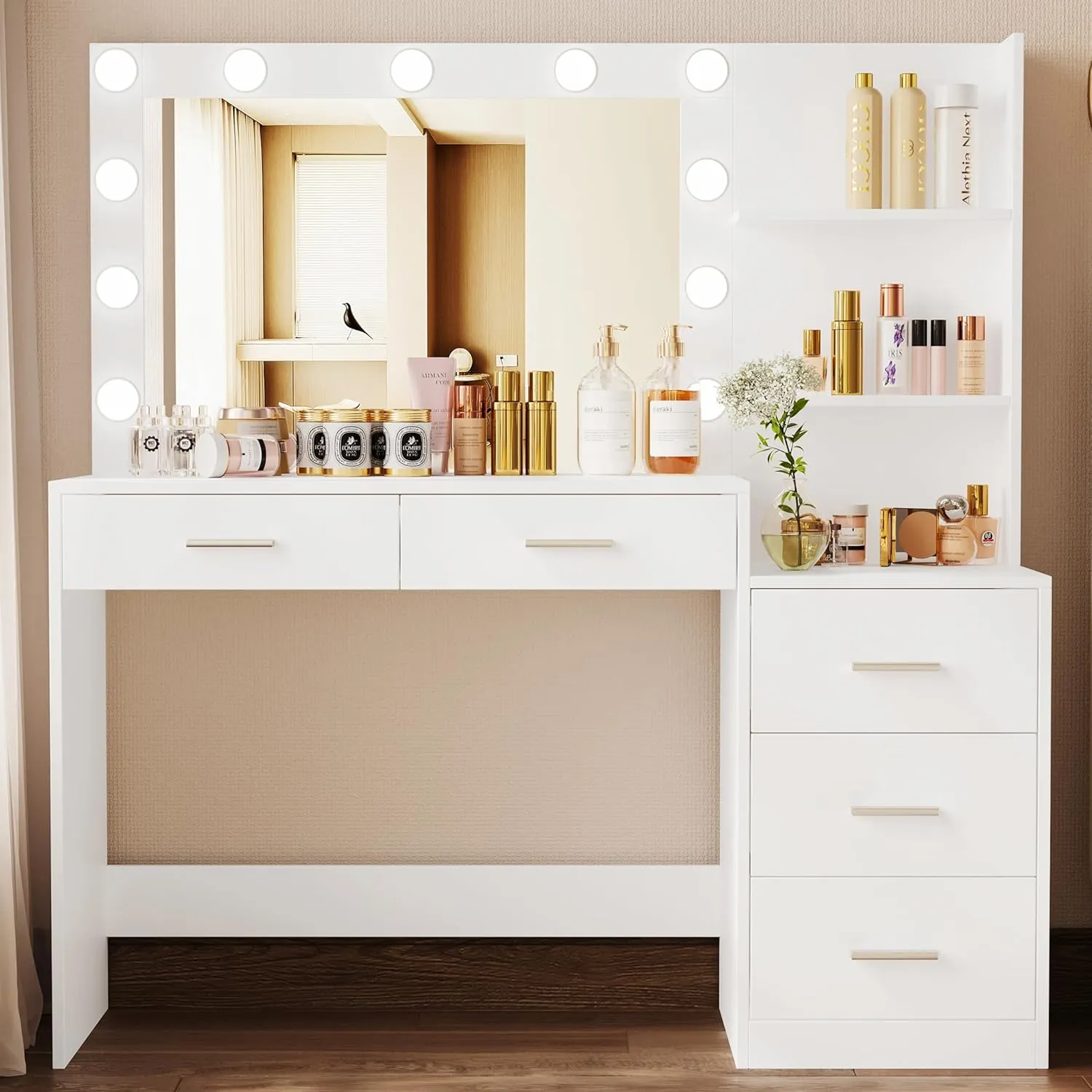 Rovaurx 46.7" Makeup Vanity Table with Lighted Mirror, Large Vanity Desk with Storage Shelf & 5 Drawers, Bedroom Dressing Table, 11 LED Lights, White