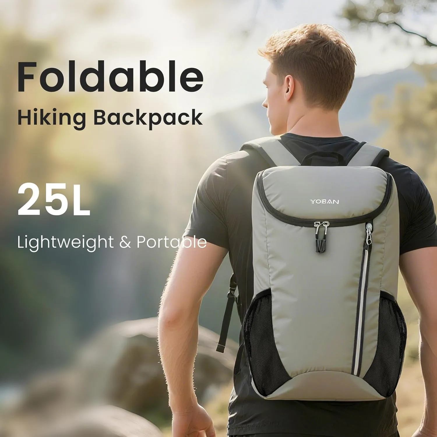 ROWNYEON 15L Foldable Lightweight Hiking Backpack, Sport Travel Camping Water Resistant Outdoor Daypack for Women Men (Grey Green)