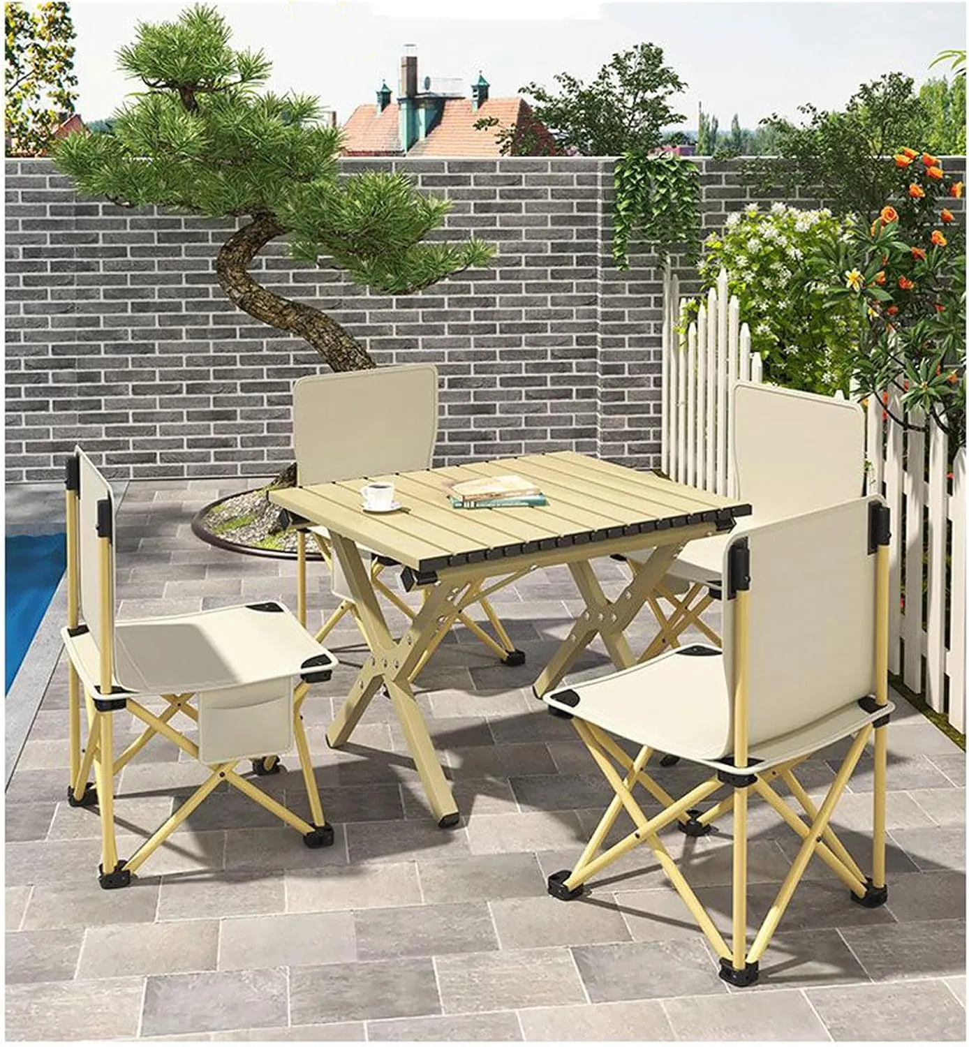 RUANLOV Small Folding Camping Table with Aluminum Table Top, Folding Table Roll Up Lightweight Foldable Table, Portable Table Camp Table (B 90cm with 4 Chairs)