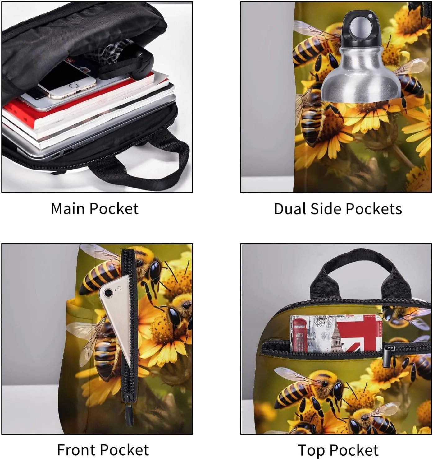 Rural Honey Bees Flowers Print Lightweight Backpack, Travel Bookbag College Bag,Laptop Backpack For Men Women
