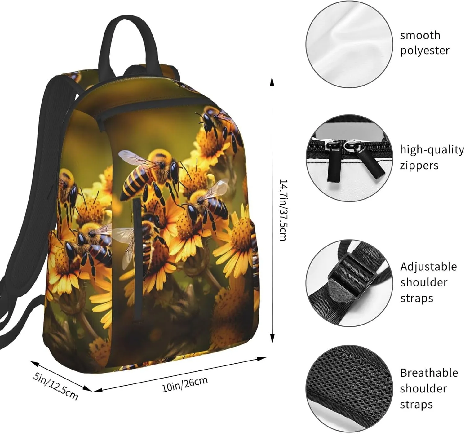 Rural Honey Bees Flowers Print Lightweight Backpack, Travel Bookbag College Bag,Laptop Backpack For Men Women