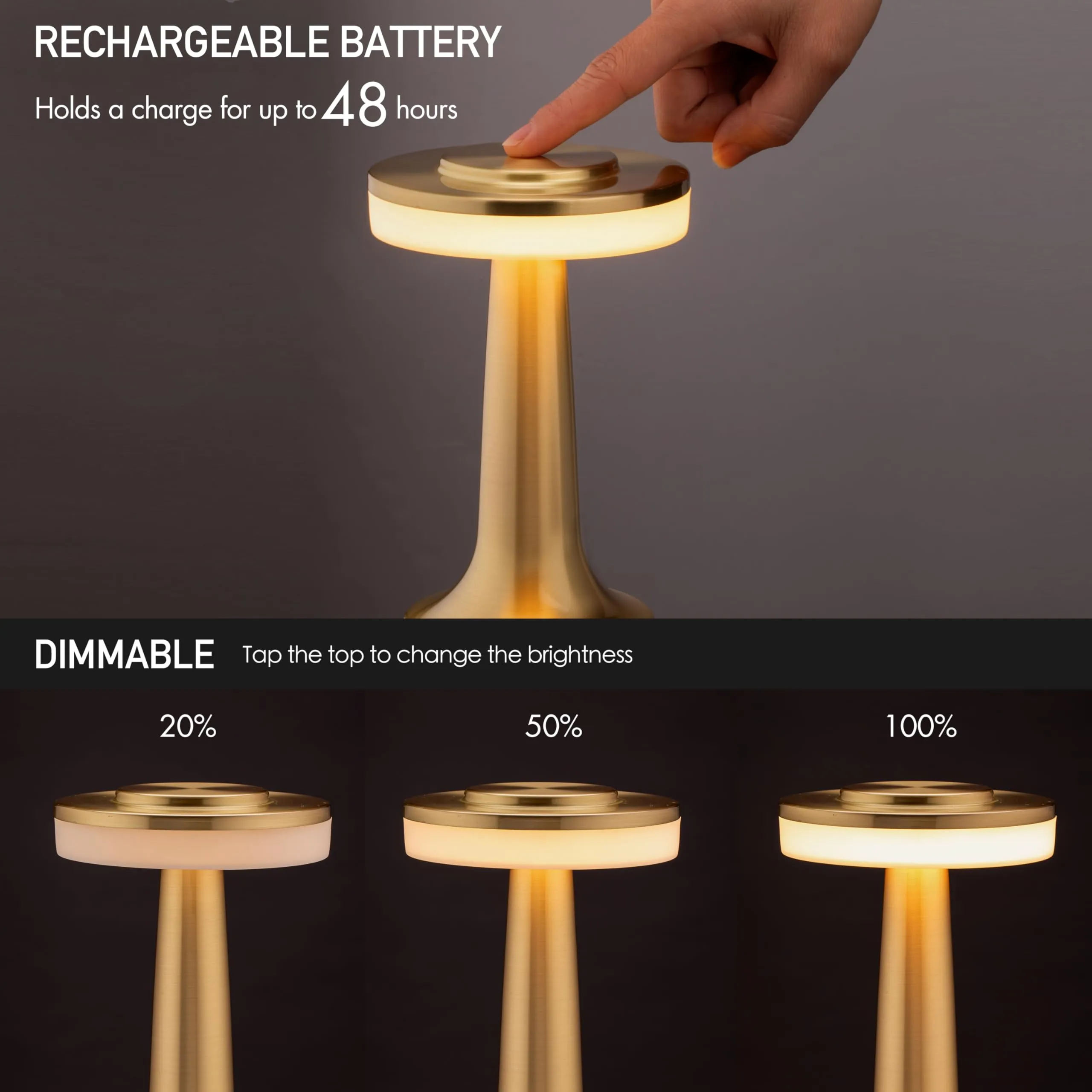 Rynx | O’Bright Gold Portable LED Table Lamp - Touch Sensor, 3 Brightness Levels, Rechargeable Night Light