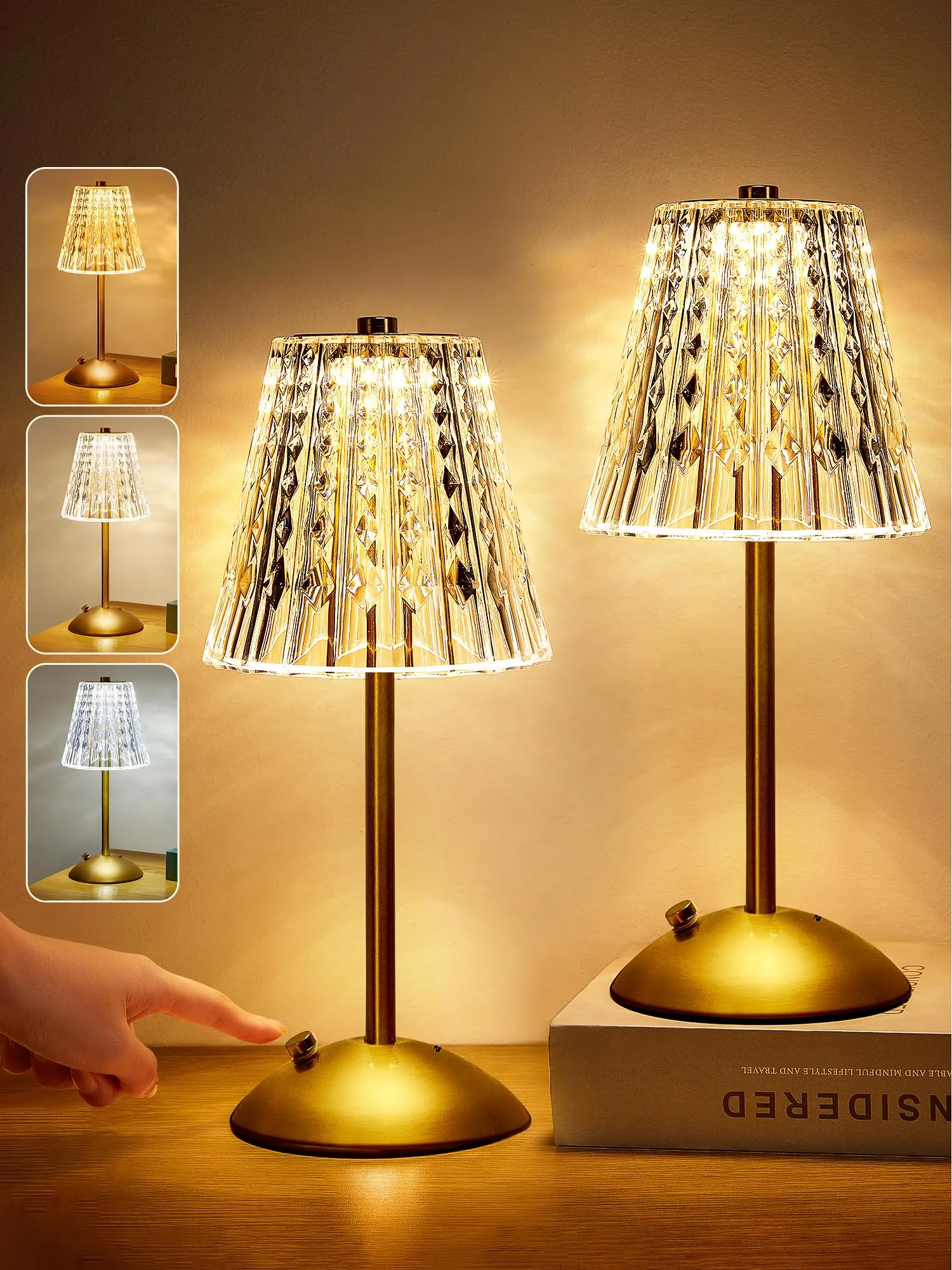 Rynx | One Fire Nightstand Lamp Set of 2, Dimmable Crystal Table Lamp 3 Colors Gold Lamp, Touch Lamp Bedroom Lamps, Rechargeable Small