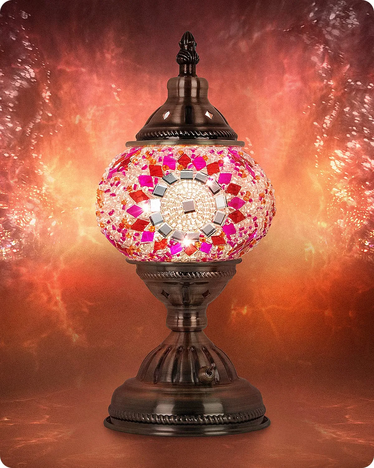 Rynx | Yarra-Decor Turkish Moroccan Lamp With Bronze Base Handmade Tiffany Mosaic Glass Lamps Portable Bedside Lamps With Rechargeable