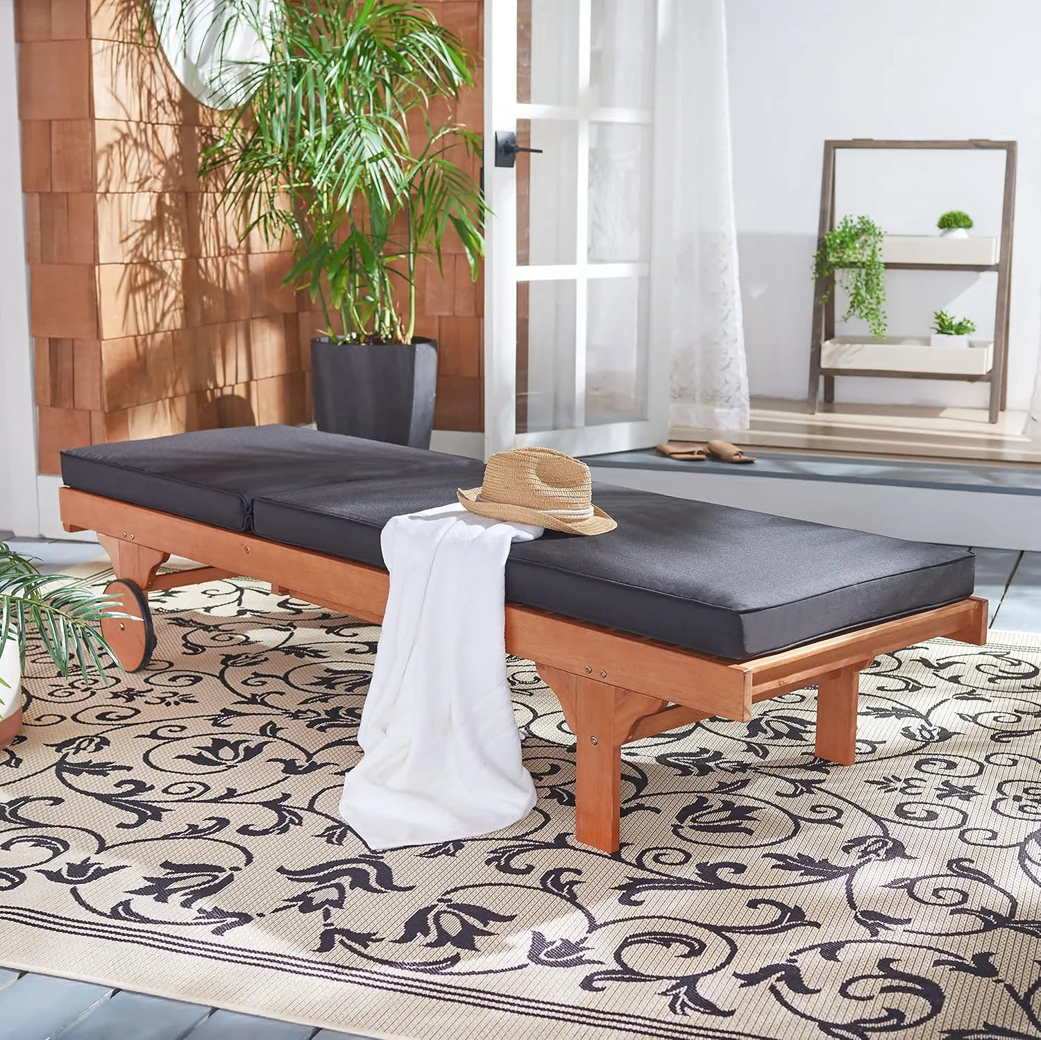 SAFAVIEH Outdoor Collection Newport Natural/ Black Cushion Built-in Side Table Adjustable Chaise Lounge Chair