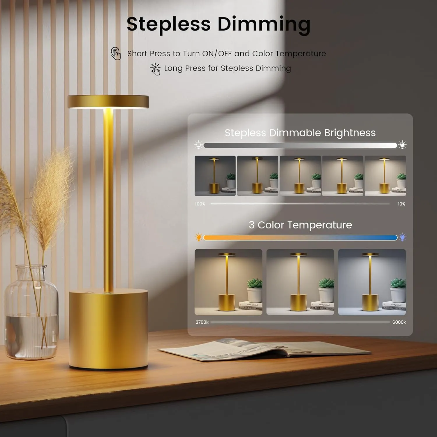 SAKRINGT 2 Pack Cordless Table Lamp Rechargeable, 5000mAh Battery Operated Portable Table Light,Dimming LED Table Lamp for Restaurant/Patio/Outdoor(Gold)
