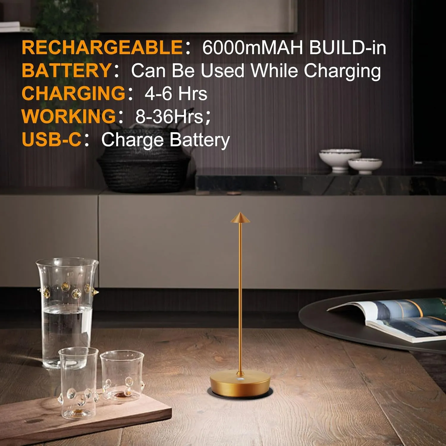 SAKRINGT 2 Pack Cordless Table Lamps Rechargeable, 6000mAh Battery Operated Waterproof Stepless Dimming Modern Portable LED Table Light for Restaurant Dining Patio Outdoor