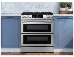 Samsung NY63T8751SS - NY63T8751SS/AC Range, 30 inch Exterior Width, Dual Fuel, Self Clean, Convection, 5 Burners, Storage Drawer, Air Fry, 2 Ovens, Stainless Steel colour Temperature Probe, Illuminated Knobs,  True European Convection