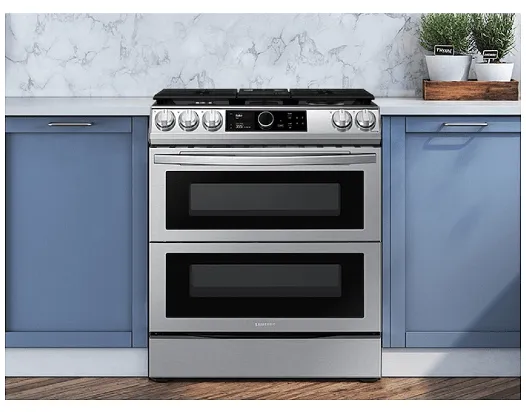 Samsung NY63T8751SS - NY63T8751SS/AC Range, 30 inch Exterior Width, Dual Fuel, Self Clean, Convection, 5 Burners, Storage Drawer, Air Fry, 2 Ovens, Stainless Steel colour Temperature Probe, Illuminated Knobs,  True European Convection