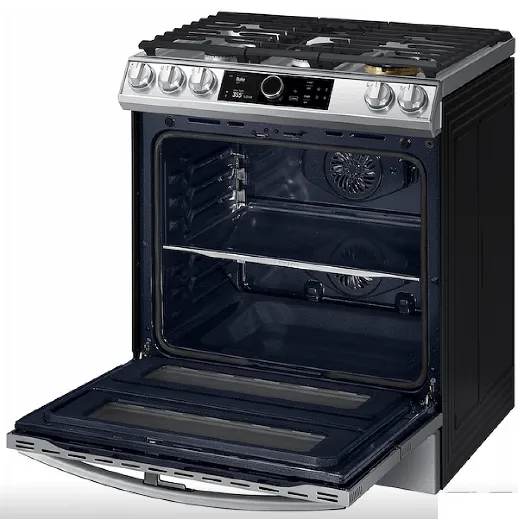 Samsung NY63T8751SS - NY63T8751SS/AC Range, 30 inch Exterior Width, Dual Fuel, Self Clean, Convection, 5 Burners, Storage Drawer, Air Fry, 2 Ovens, Stainless Steel colour Temperature Probe, Illuminated Knobs,  True European Convection